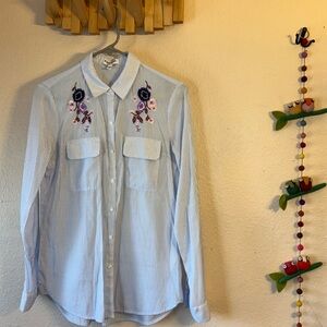 Express blue and white Striped Embroidered Floral design on both sides of the c